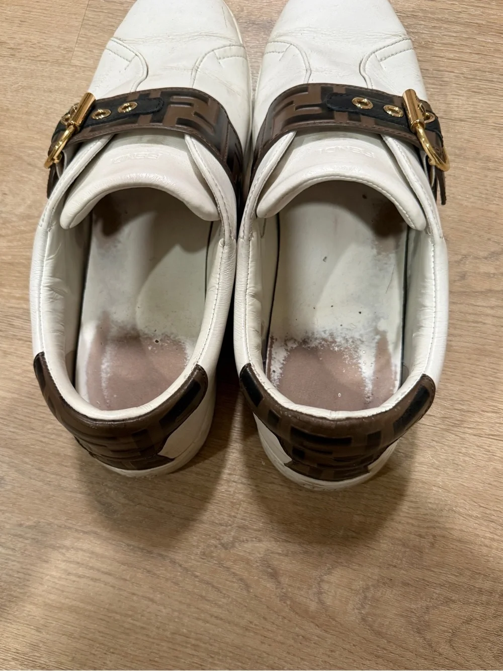Fendi White Leather Sneakers with Brown FF Strap and Gold Buckle - Picture 5 of 7